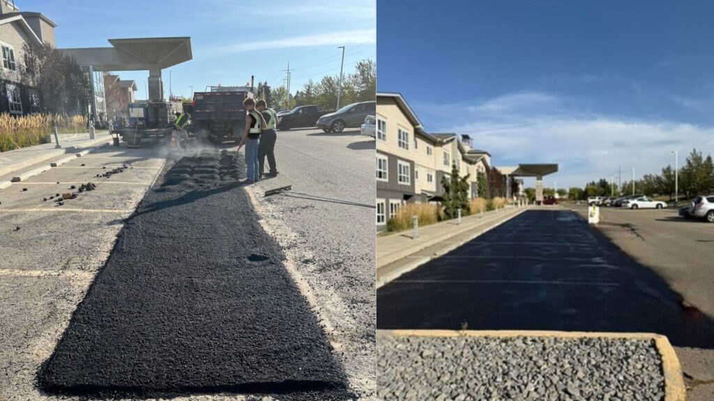 Left, photo of an asphalt crew spreading asphalt in a commercial parking lot. Right, after shot of smooth finished asphalt.
