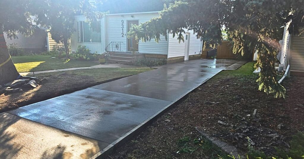 A long, sweeping concrete driveway freshly poured in Edmonton, surrounded by mature trees.